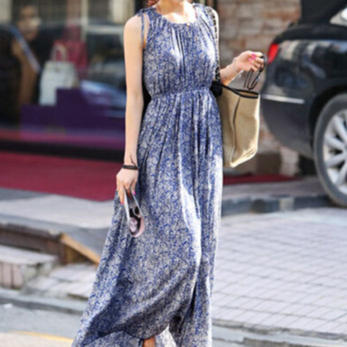 Women Fashion Boho Tiny Floral Printing Sleeveless Maxi Dress
