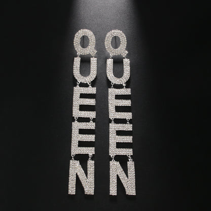 Women Fashion Exaggerated Long Zircon Queen Letter Earrings
