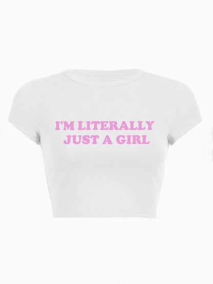 Camiseta de manga corta con estampado de letras para mujer, corte ajustado, estilo casual y moderno.