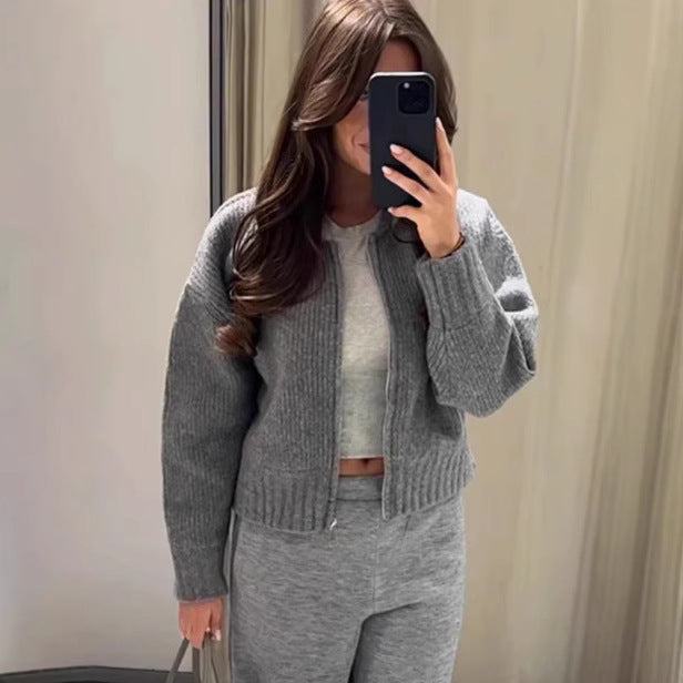 Women Autumn Vintage Zipper Knitted Cardigan Jacket Sweater