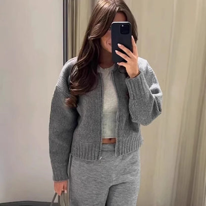 Women Autumn Vintage Zipper Knitted Cardigan Jacket Sweater