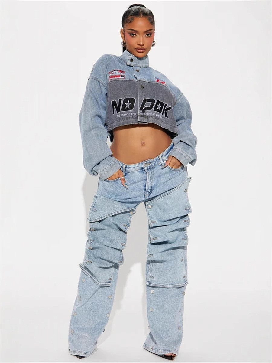 Street Women Fashion Detachable Straight Jeans in Dusty Blue