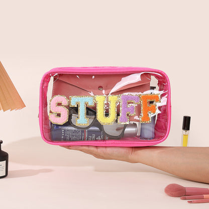 Bolsa de cosméticos impermeable de PVC transparente con letras bordadas
