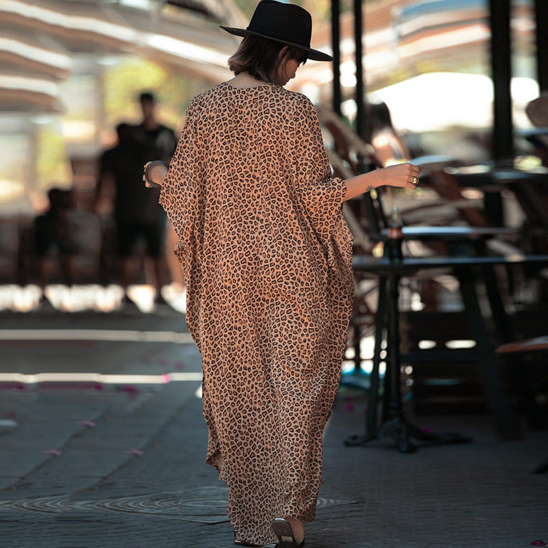 Women Fashion Summer Vacation Boho Style Leopard V Neck Loose Maxi Dress