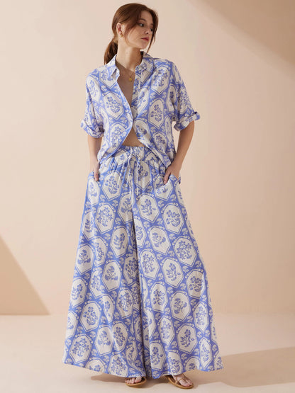 Pantalon large décontracté à imprimé floral style bohème pour femme