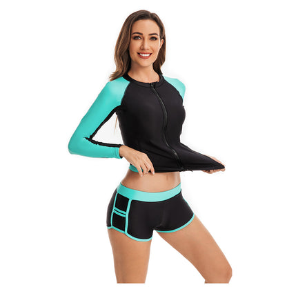 Conjunto informal de top y pantalones cortos con cremallera de manga larga para mujer