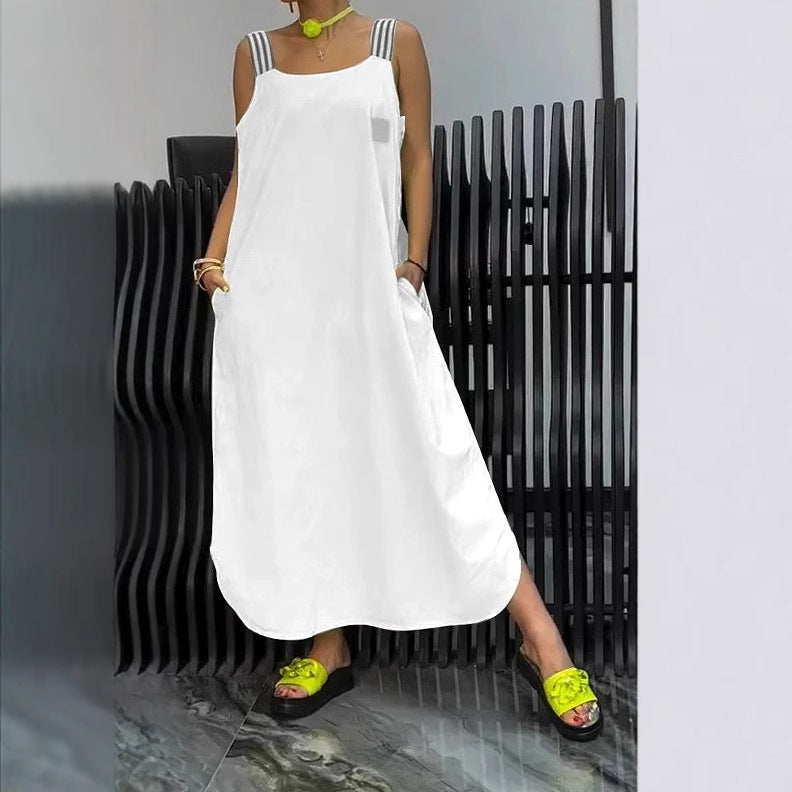 Vestido informal de algodón y lino de color liso para mujer