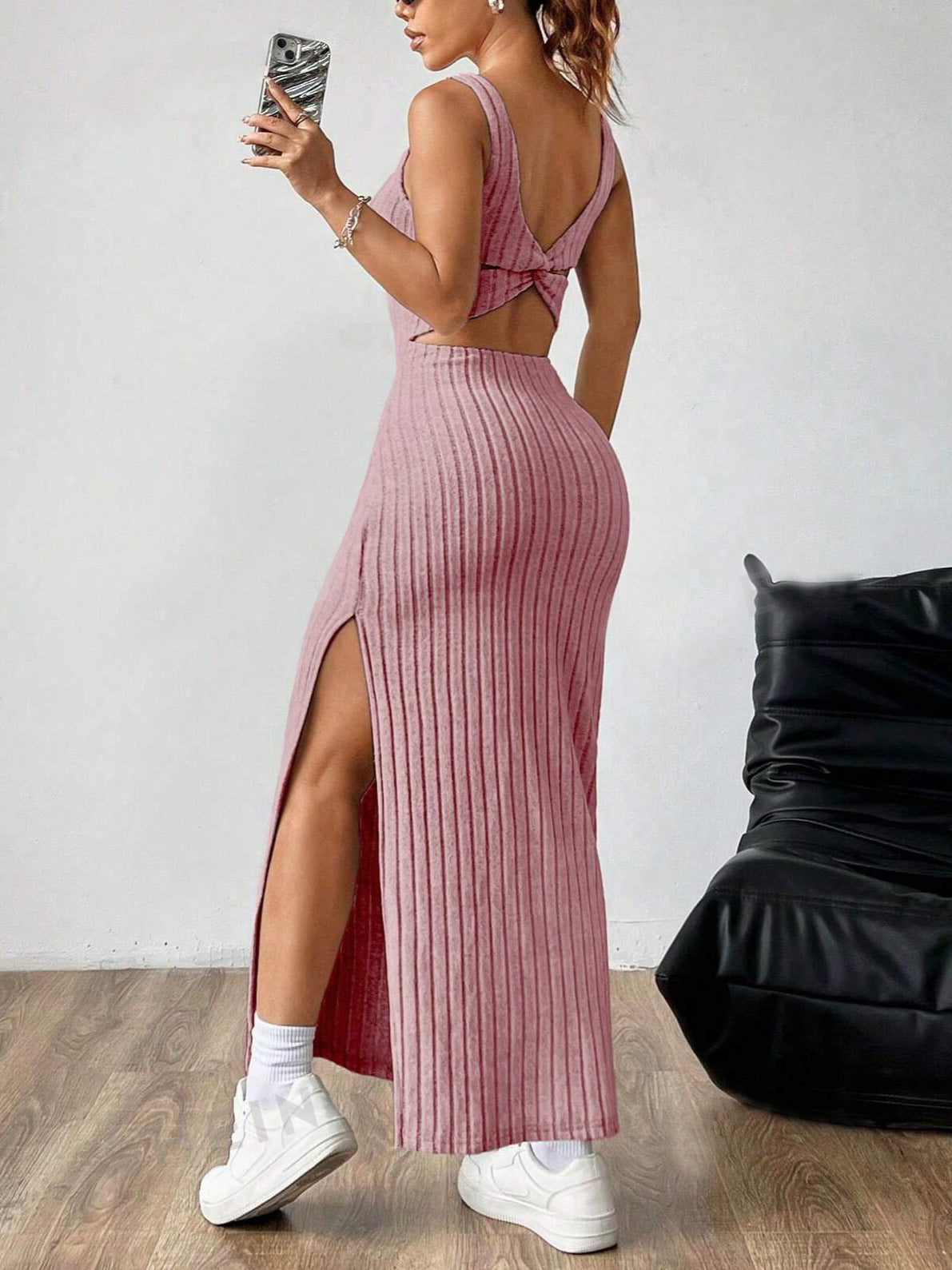 Vestido sexy de rayas verticales de color liso a la moda para mujer