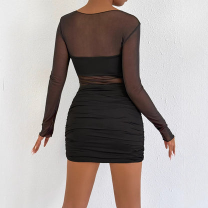 Vestido ajustado de manga larga con costuras en perspectiva de malla para mujer