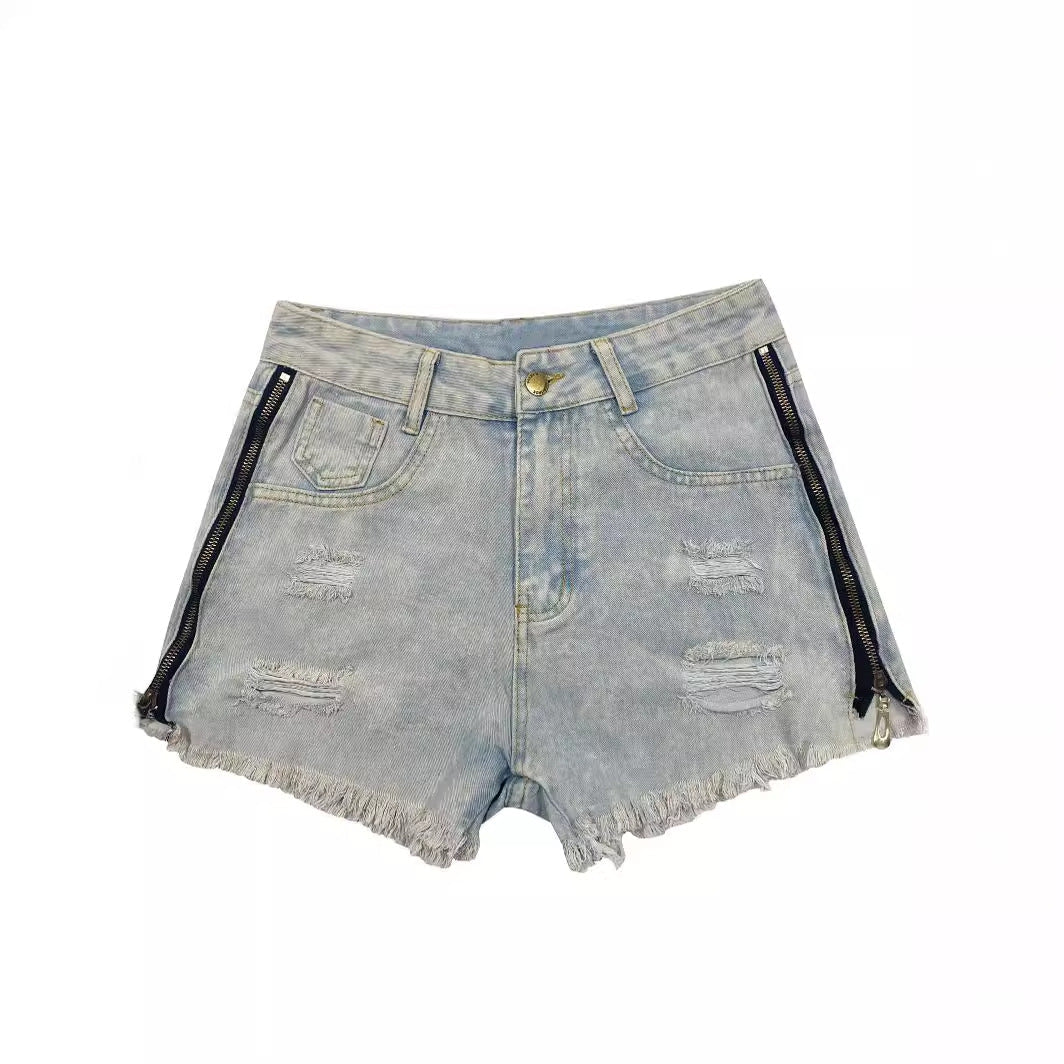 Women Fashion Sexy Side Zipper Ripped Denim Shorts