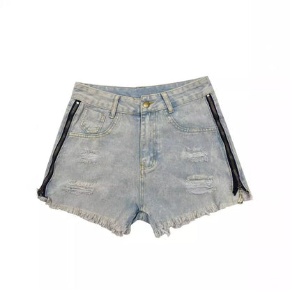 Women Fashion Sexy Side Zipper Ripped Denim Shorts