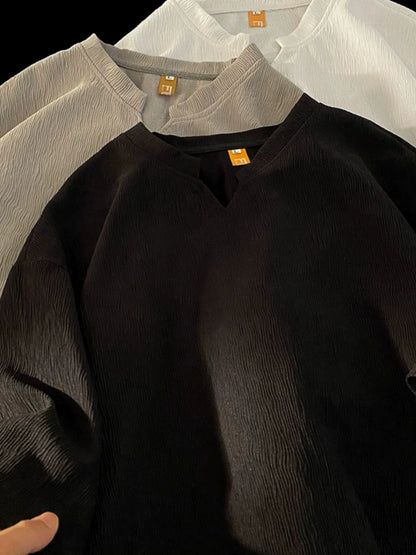Men Summer Loose V-Neck Ice Silk T-Shirt