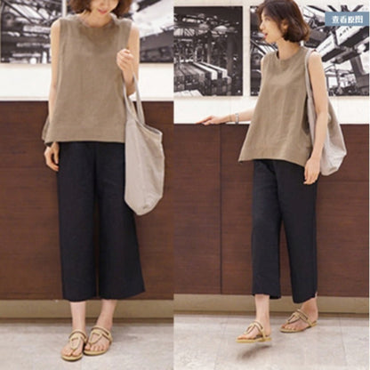 Women Fashion Casual Solid Color Linen Loose Cropped Pants