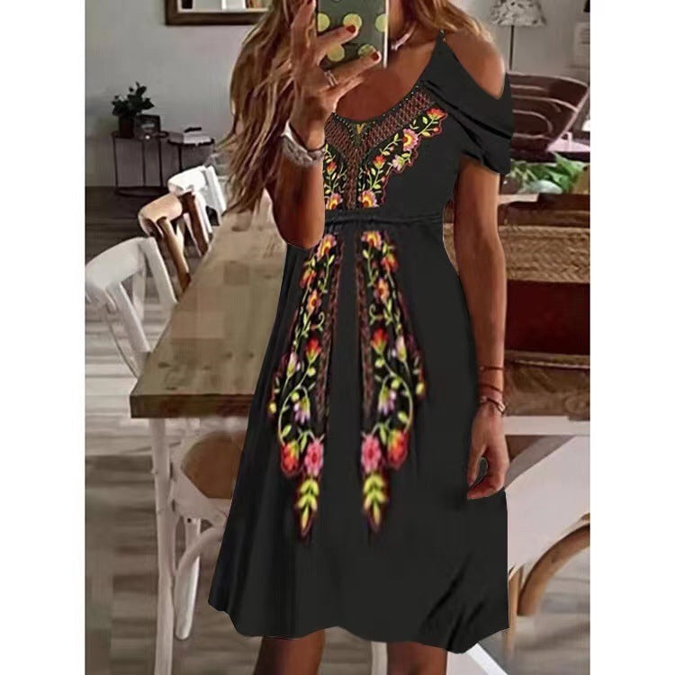 Vestido midi informal plisado con hombros descubiertos estilo bohemio para mujer
