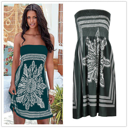 Women Casual Vintage Strapless Summer Loose High Waist Bohemian Beach Dress