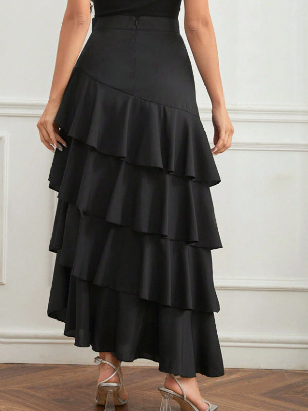 Women Fashion Casual Solid Color Ruffled High Waist Skirt
