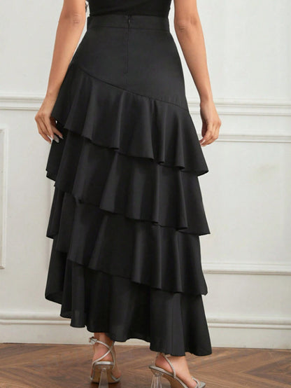 Women Fashion Casual Solid Color Ruffled High Waist Skirt