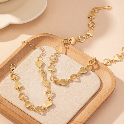 Women Fashion Hollow Love Necklace Bracelet Set Gold Alloy