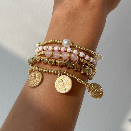 Women Fashion Beaded Star Pearl Multilayer Bracelet with Tassel
