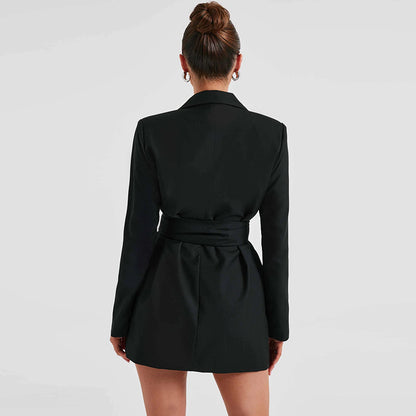 Manteau élégant à col en V et revers de couleur unie pour femme