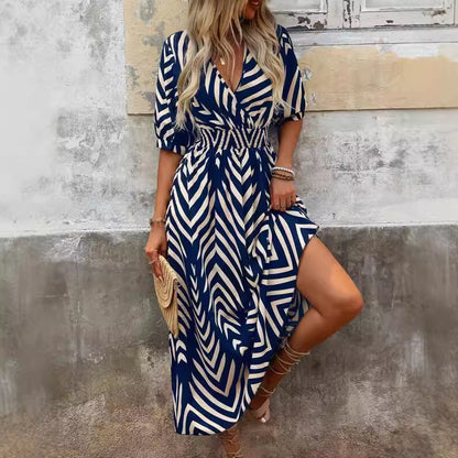 Women Fashion Casual Printed V-Neck Dress