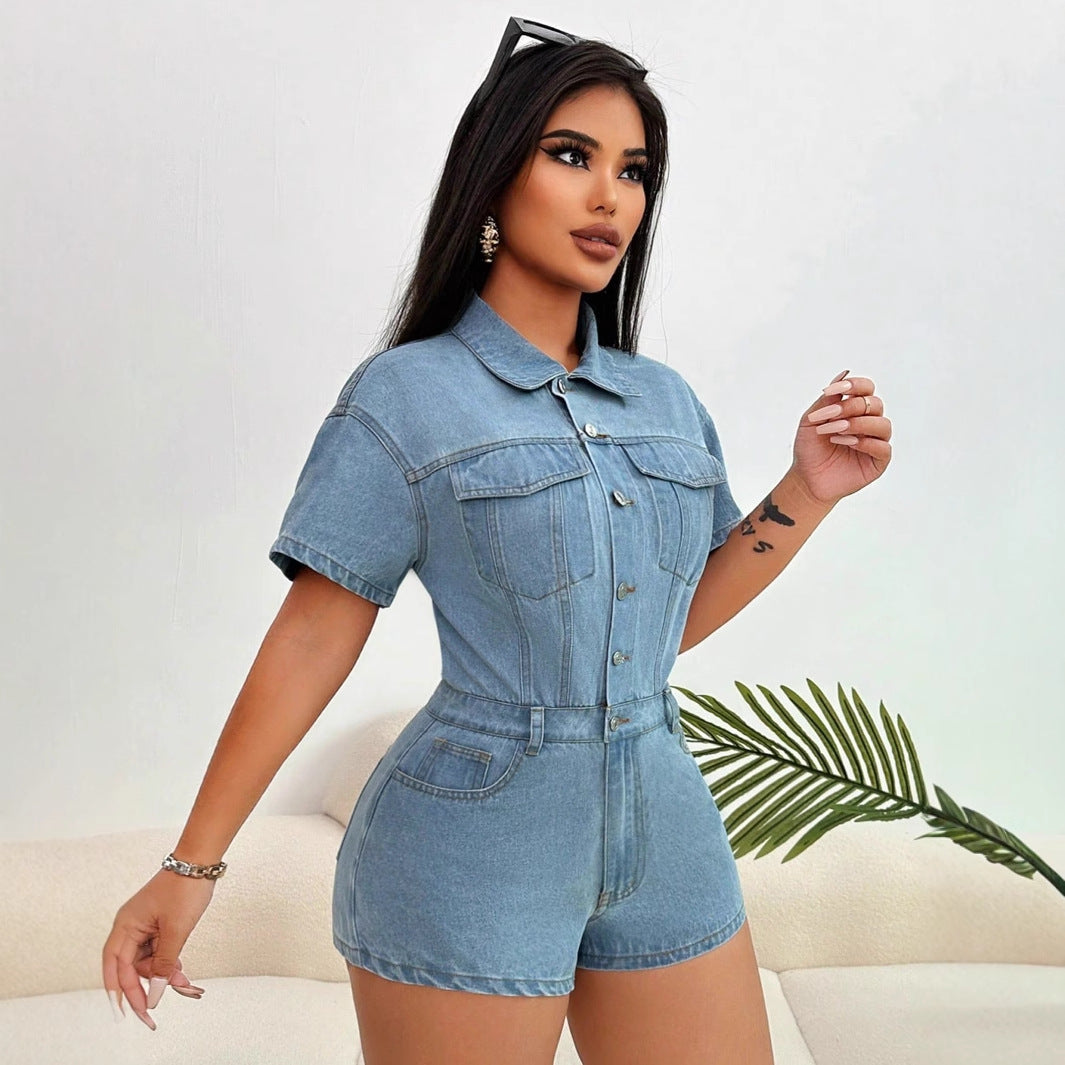 Combinaison en jean décontractée à manches courtes et poches pour femme, coupe slim