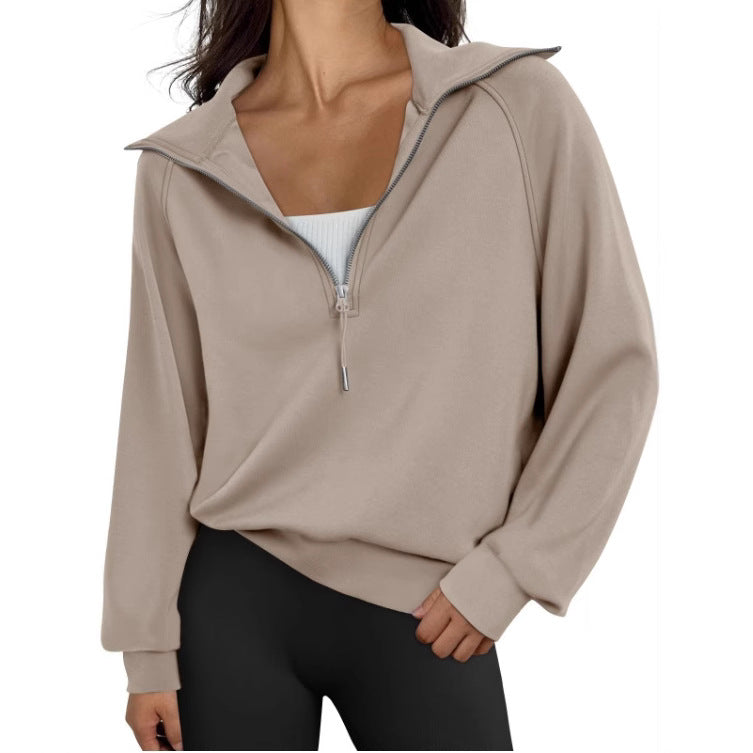 Women Half Zipper Fleece-Lined Solid Color Sweatshirt