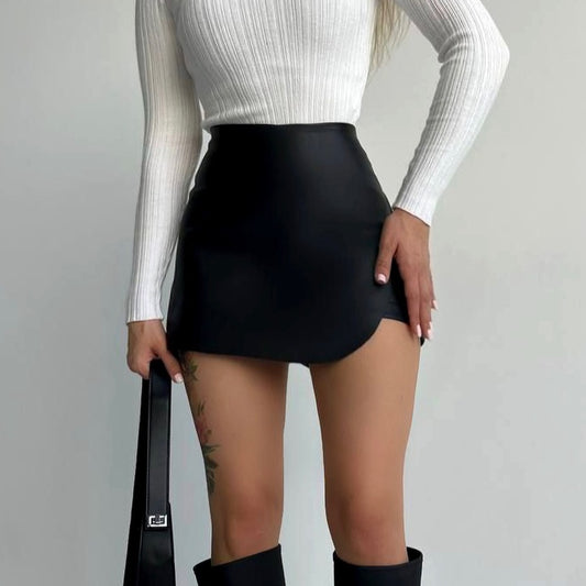Falda de cintura alta de cuero PU de color sólido sexy a la moda para mujer