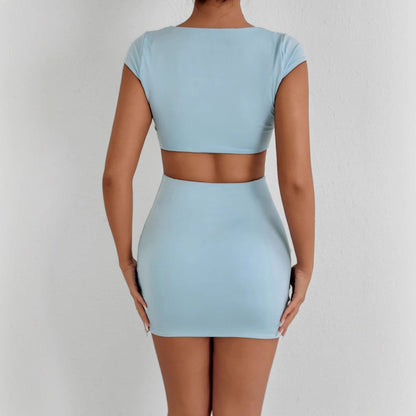 Vestido de manga corta con cuello cuadrado, color liso, sencillo y sexy para mujer