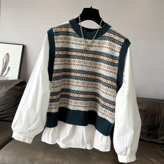 Women Fashion Casual Stitching Fake Two-Piece Blouse