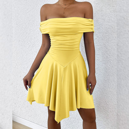 Women Fashion Solid Color Shoulder Irregular Dress in Gourmet Milk Silk