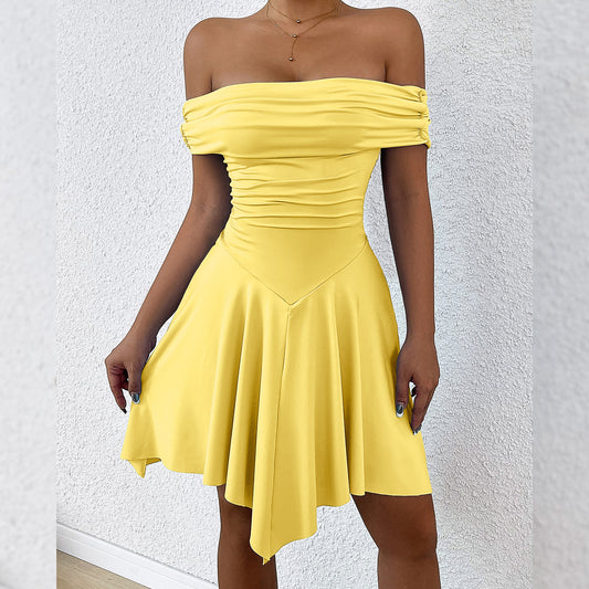 Women Fashion Solid Color Shoulder Irregular Dress in Gourmet Milk Silk