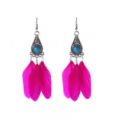 Boucles d'oreilles pendantes en plumes turquoise style bohème vintage pour femme
