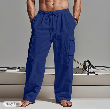 Men Casual Cotton Linen Multi-Pocket Pants