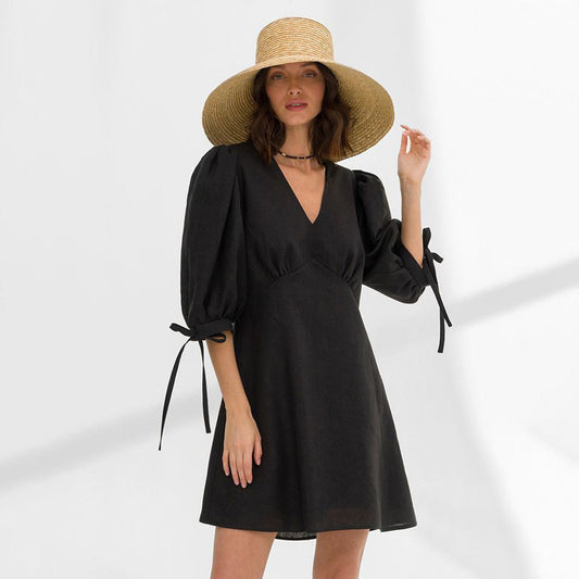 Women Fashion Casual Solid Color Cotton Linen Dress