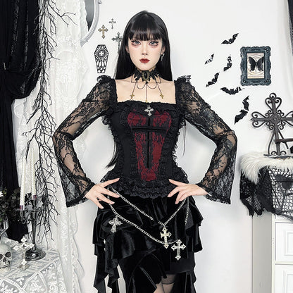 Elegant Gothic Lace Splicing Cross Collar T-Shirt