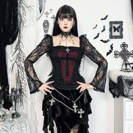Elegant Gothic Lace Splicing Cross Collar T-Shirt