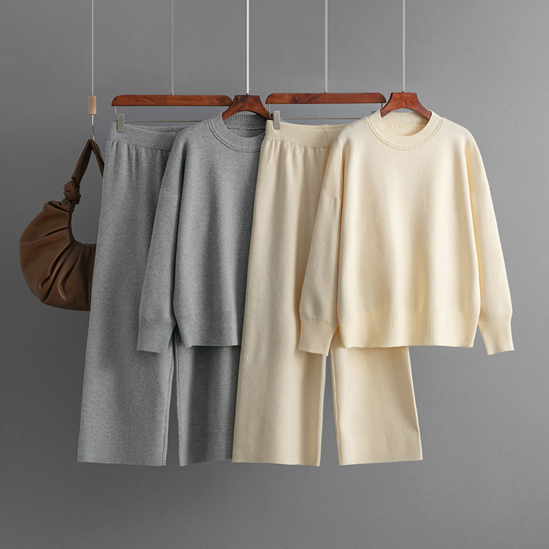 Women Casual Solid Color Knitted Sweater and Pants Set