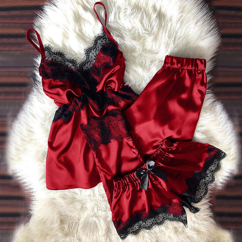 Sexy Women Solid Color Satin Lace Patchwork Pajamas Set