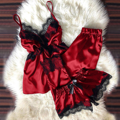 Sexy Women Solid Color Satin Lace Patchwork Pajamas Set