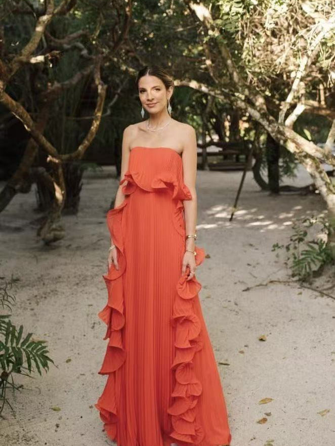 Women's Solid Color Tube Top Pleated Maxi Dress