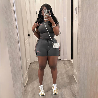 Women Fashion Side Tassel Embroidered Shorts Two-Piece Set
