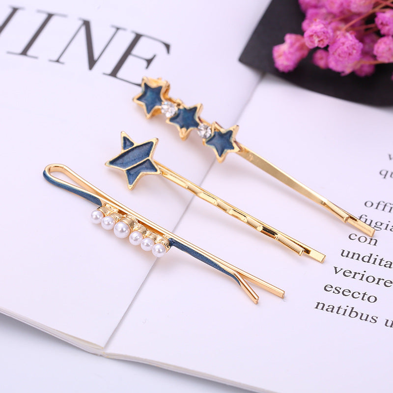 Women Fashion Round Multicolor Beads Rhinestone Hairpin Set