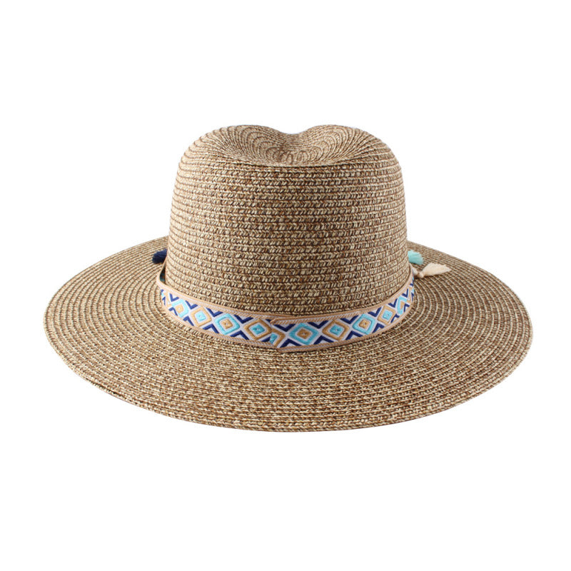 Sombrero bohemio de paja tejida de verano para mujer con borlas