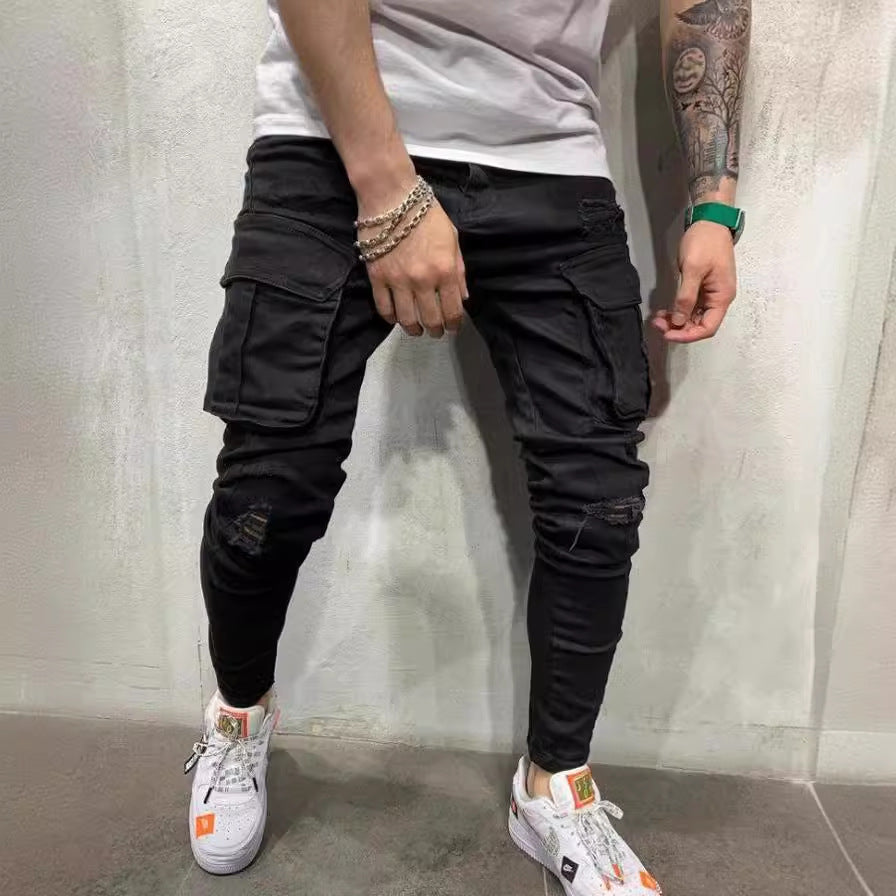 Men Casual Solid Color Stretch Denim Jeans with Multi-Pockets