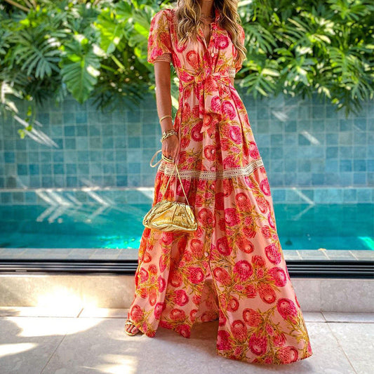 Women Fashion Elegant Boho Floral Printing Lapel Single Breasted Short Sleeve Long Dress