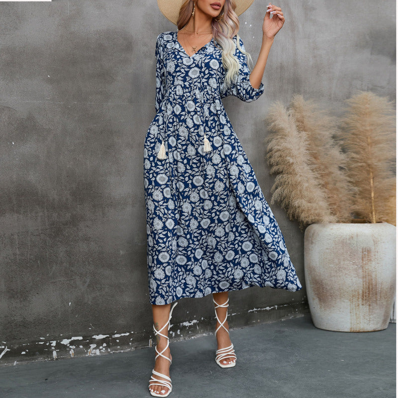 Vestido informal de primavera y verano para mujer, con cintura alta, estampado floral y escote en V