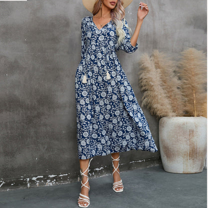 Vestido informal de primavera y verano para mujer, con cintura alta, estampado floral y escote en V