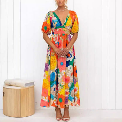 Women Casual Fashion Printed V-Neck Puff Sleeve Maxi Dress