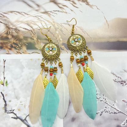 Bohemian Flower Beads Feather Earrings for Women